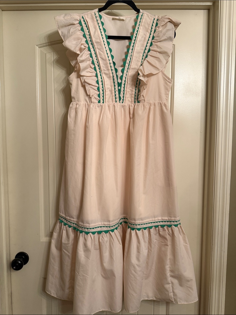 entro Cream Dress with Green Trim and Ruffles